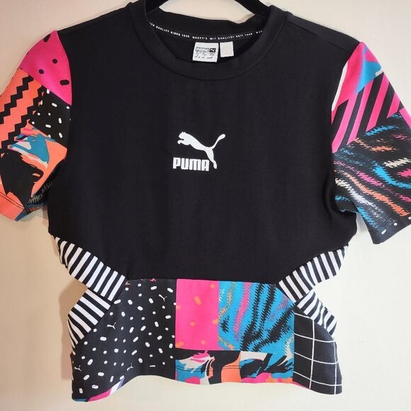 Retro Cropped PUMA Cut Out Top Colorful Athletic Patchwork Y2K  Women Small - Picture 4 of 8